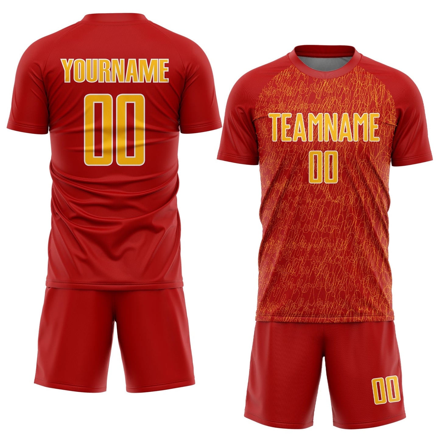 Custom Red Gold-White Abstract Scribble Curve Line Pattern Sports Sublimation Soccer Uniform Jersey view 2