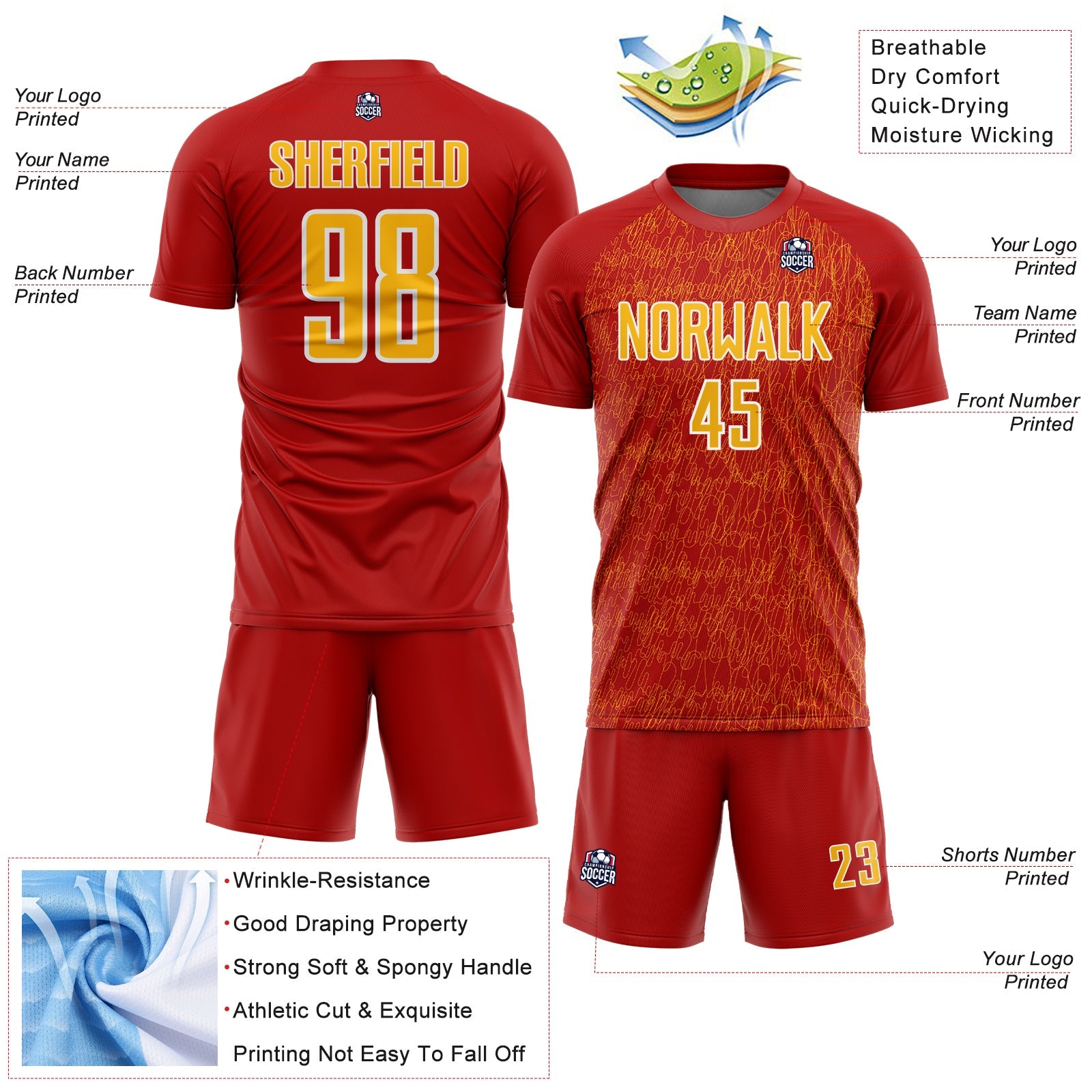 Custom Red Gold-White Abstract Scribble Curve Line Pattern Sports Sublimation Soccer Uniform Jersey view 4