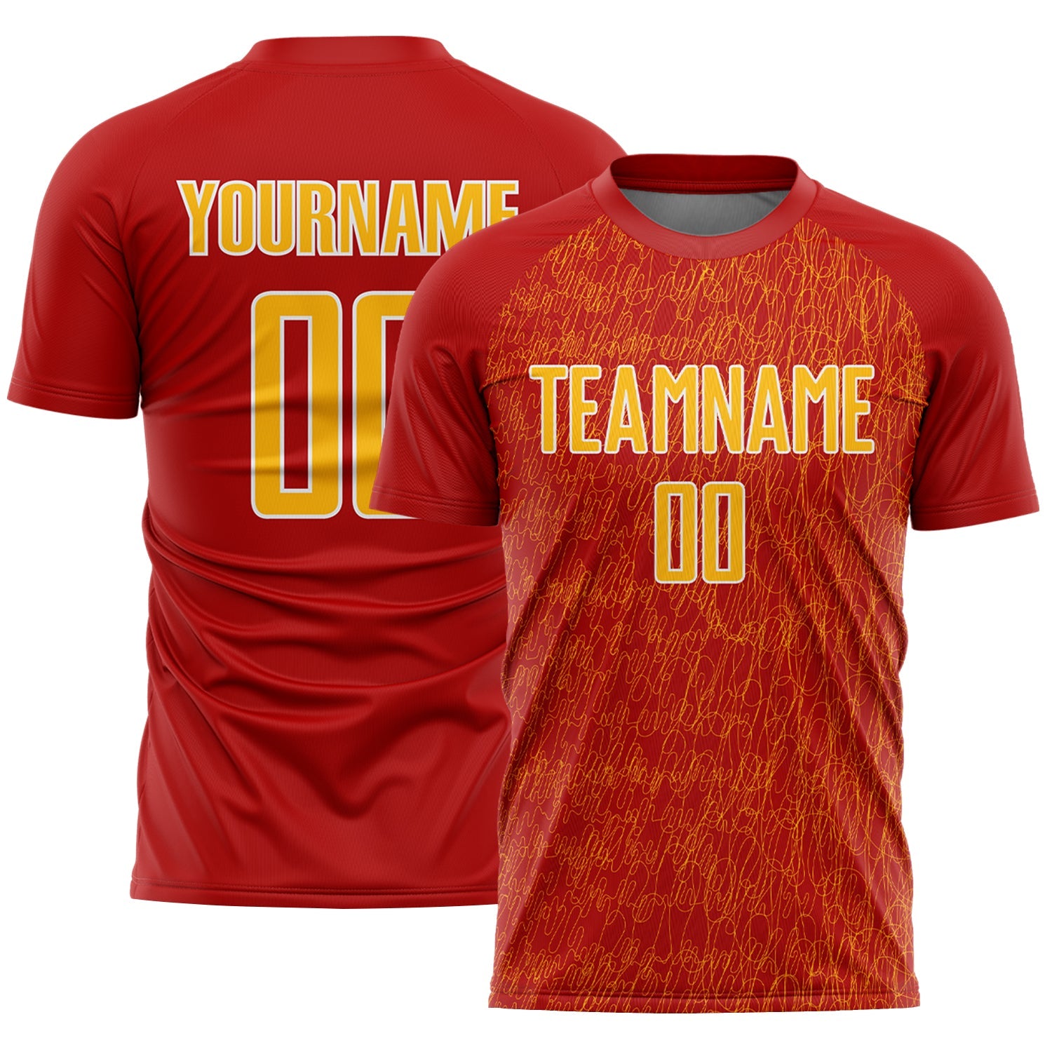 Custom Red Gold-White Abstract Scribble Curve Line Pattern Sports Sublimation Soccer Uniform Jersey - Main View