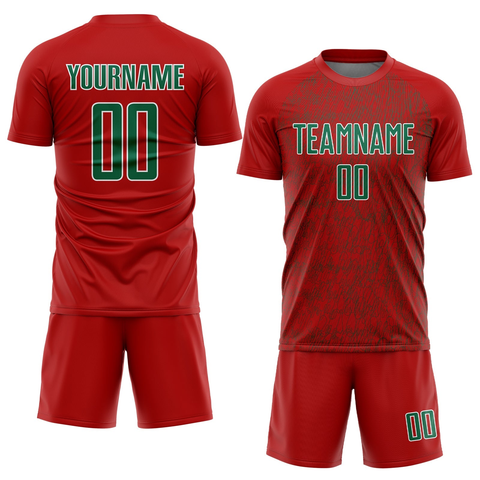 Custom Red Kelly Green-White Abstract Scribble Curve Line Pattern Sports Sublimation Soccer Uniform Jersey view 2