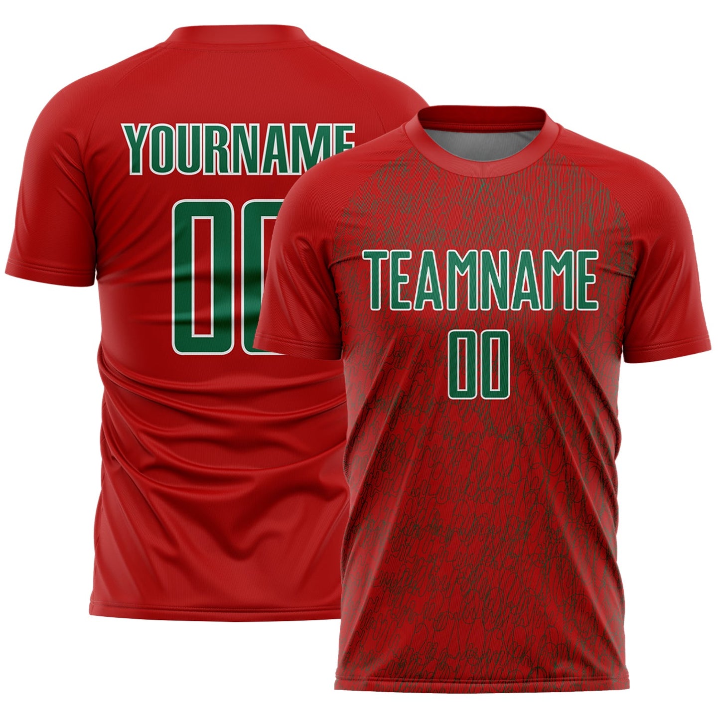 Custom Red Kelly Green-White Abstract Scribble Curve Line Pattern Sports Sublimation Soccer Uniform Jersey - Main View