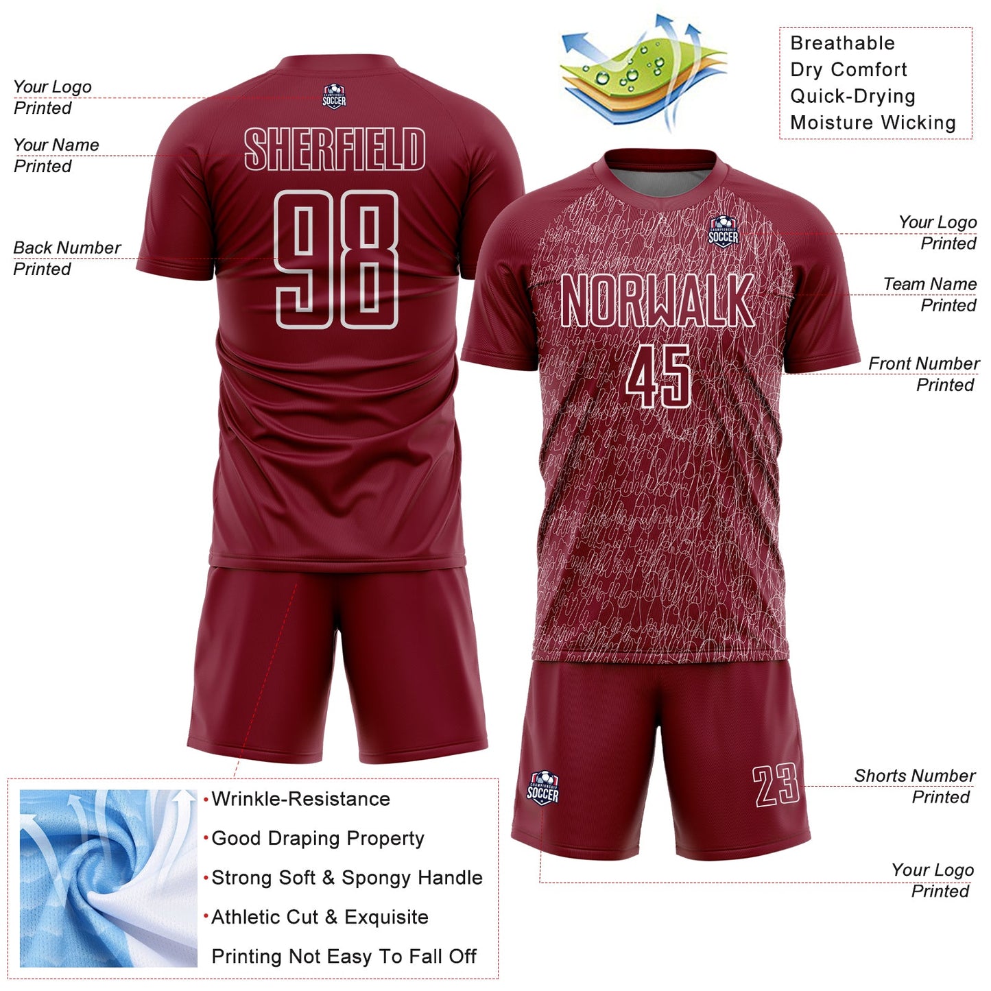 Custom Crimson White Abstract Scribble Curve Line Pattern Sports Sublimation Soccer Uniform Jersey view 4