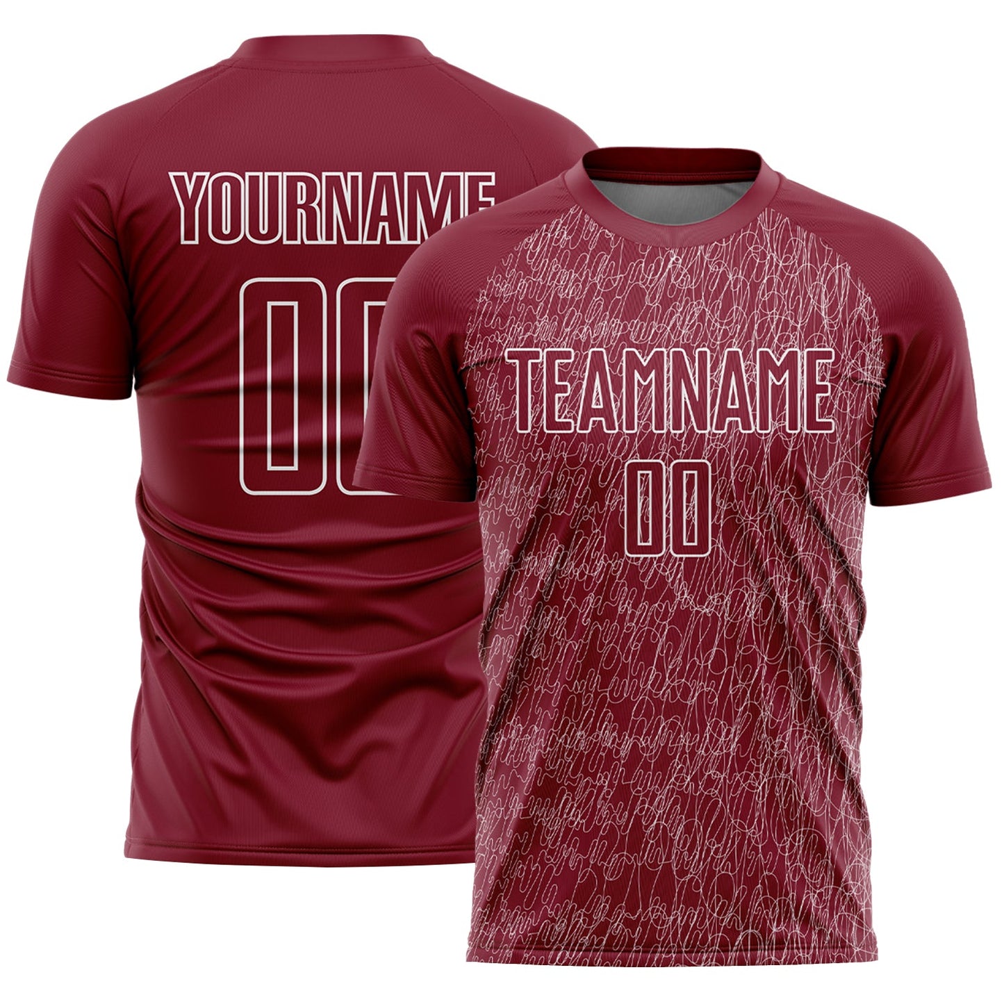 Custom Crimson White Abstract Scribble Curve Line Pattern Sports Sublimation Soccer Uniform Jersey - Main View