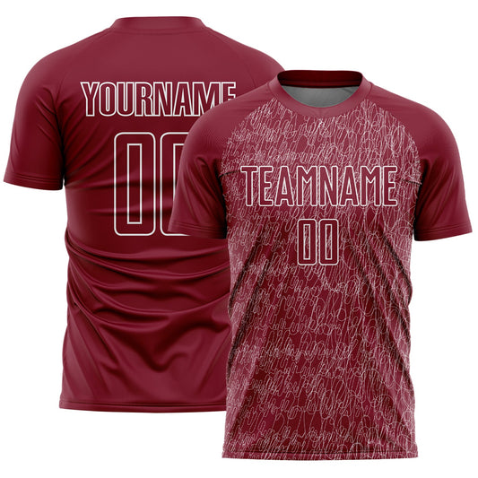 Custom Crimson White Abstract Scribble Curve Line Pattern Sports Sublimation Soccer Uniform Jersey - Main View