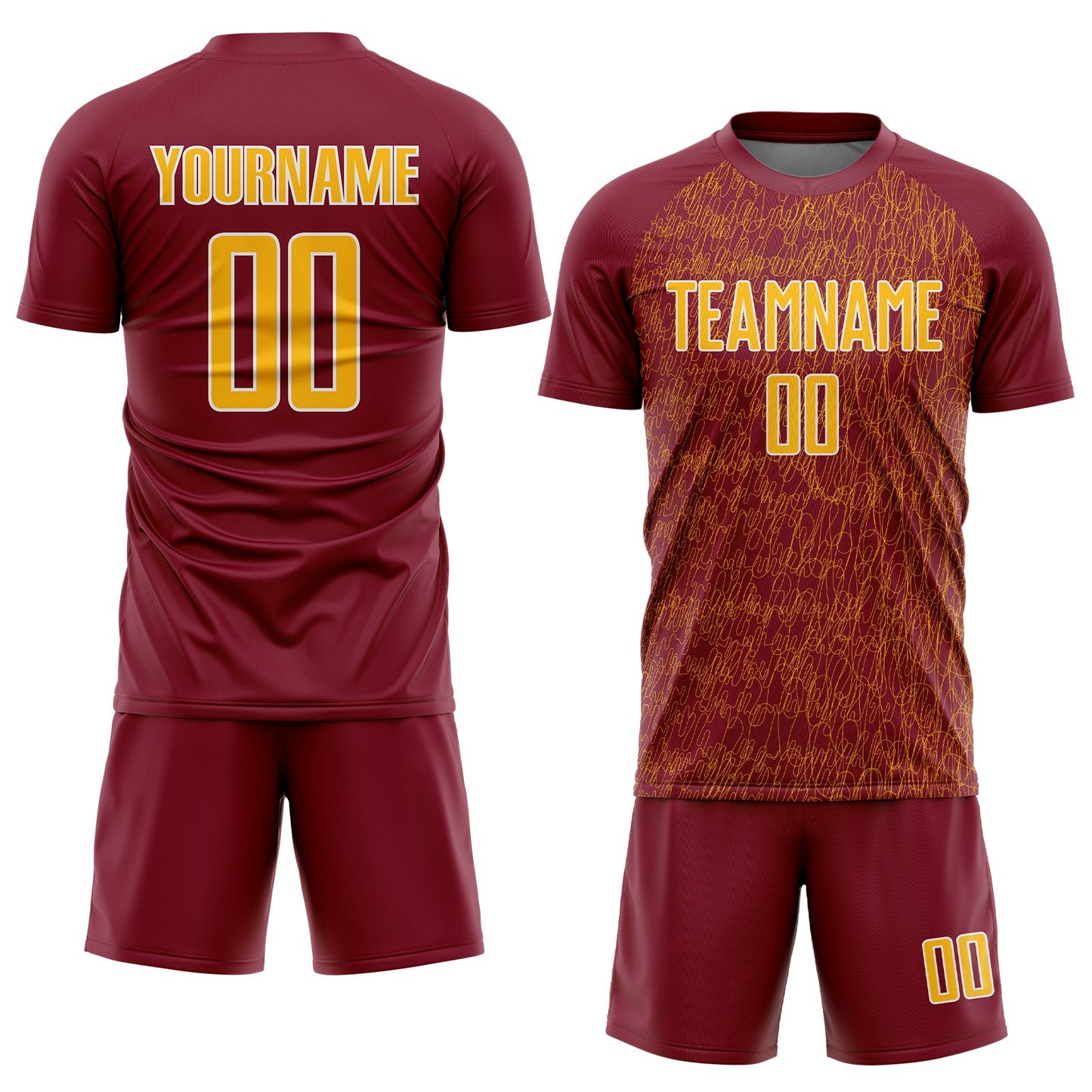 Custom Crimson Gold-White Abstract Scribble Curve Line Pattern Sports Sublimation Soccer Uniform Jersey view 2