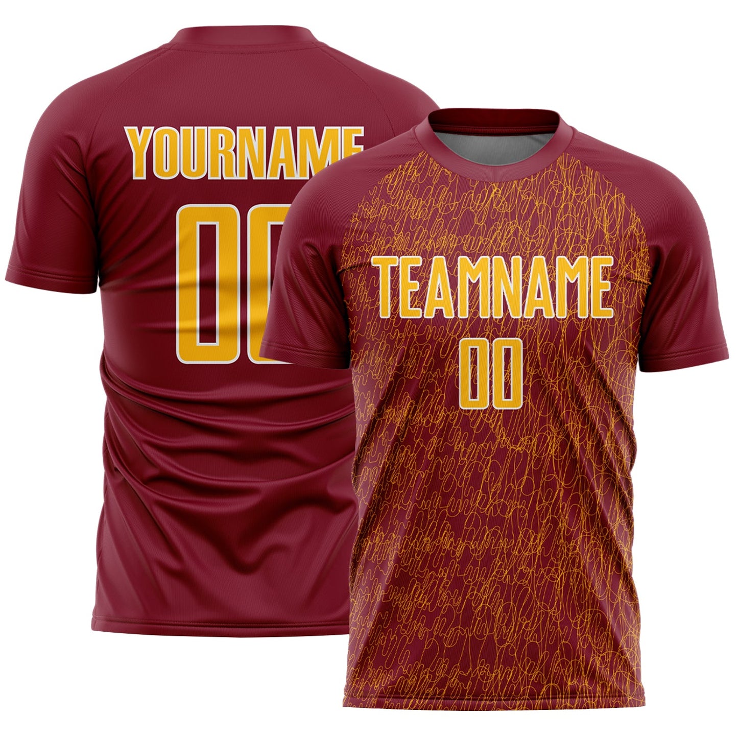 Custom Crimson Gold-White Abstract Scribble Curve Line Pattern Sports Sublimation Soccer Uniform Jersey - Main View