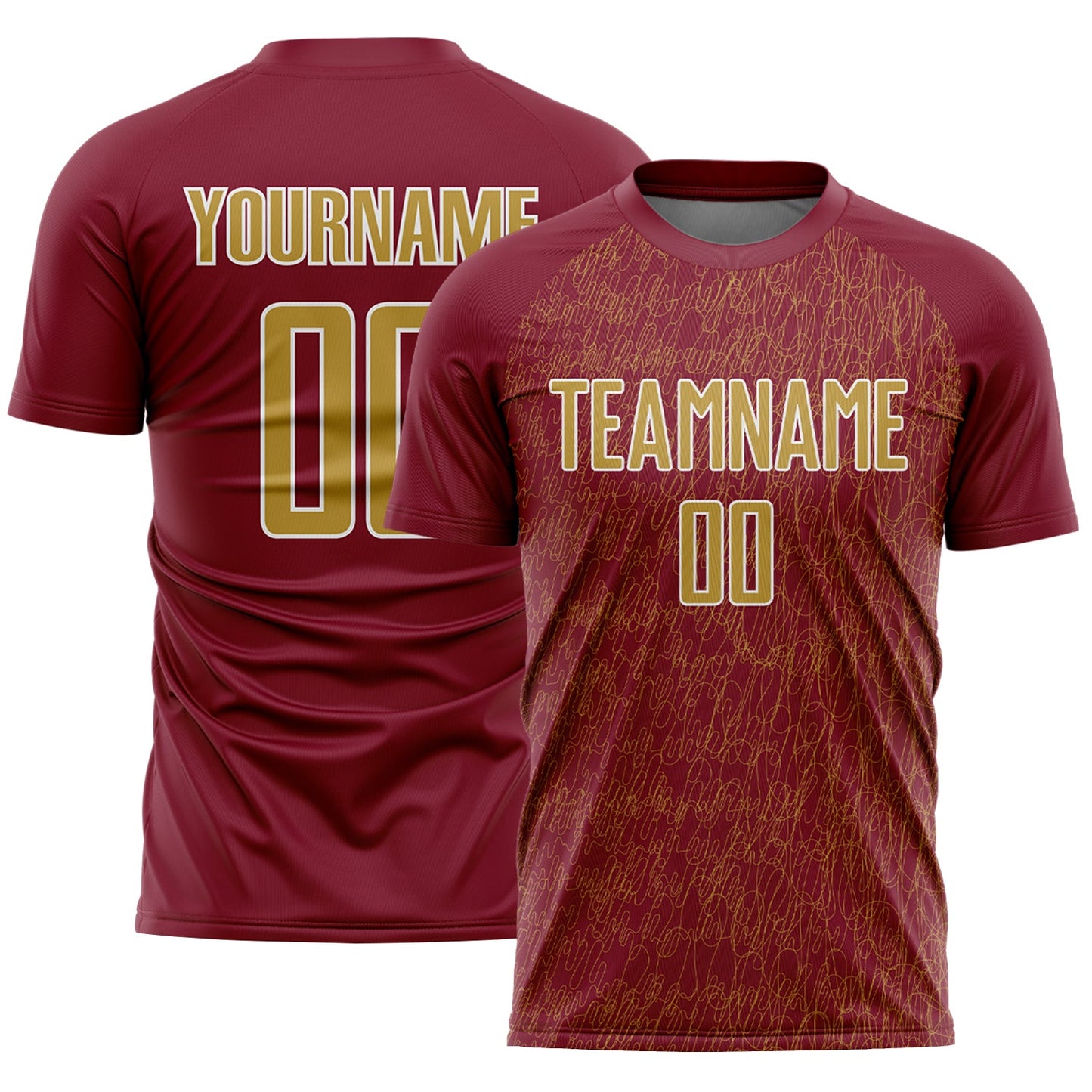 Custom Crimson Old Gold-White Abstract Scribble Curve Line Pattern Sports Sublimation Soccer Uniform Jersey - Main View