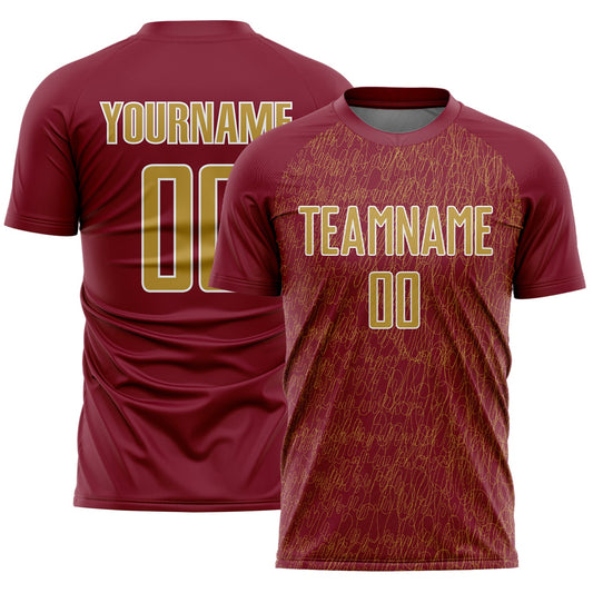 Custom Crimson Old Gold-White Abstract Scribble Curve Line Pattern Sports Sublimation Soccer Uniform Jersey - Main View