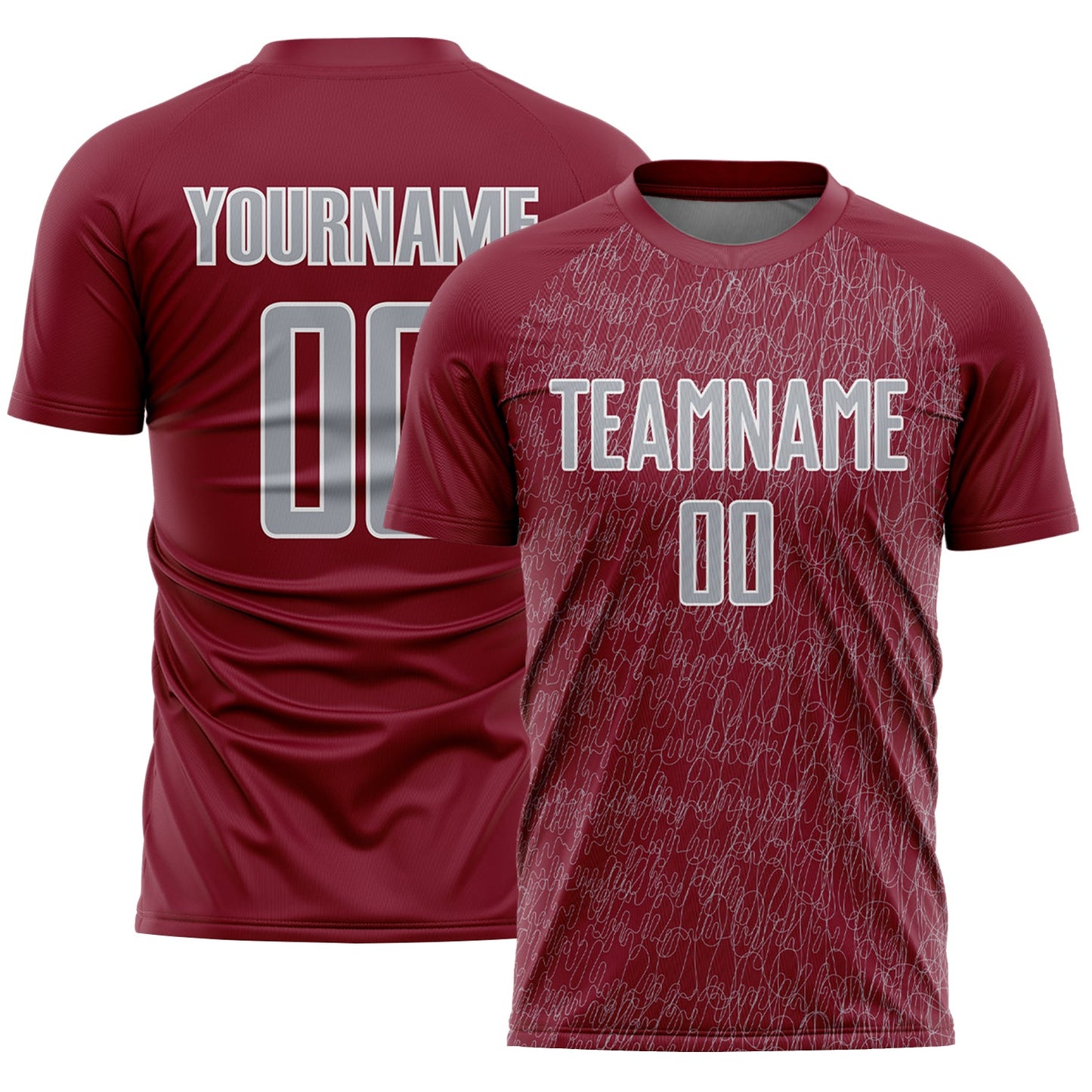 Custom Crimson Gray-White Abstract Scribble Curve Line Pattern Sports Sublimation Soccer Uniform Jersey - Main View