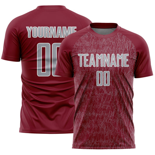 Custom Crimson Gray-White Abstract Scribble Curve Line Pattern Sports Sublimation Soccer Uniform Jersey - Main View