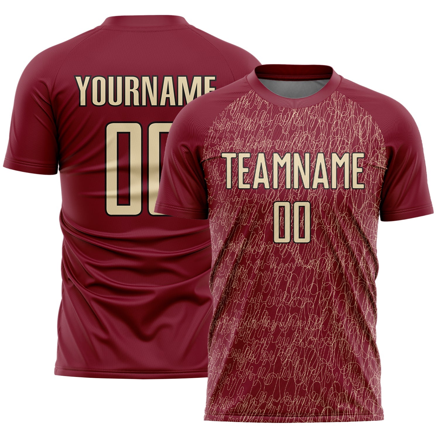Custom Crimson Cream-Black Abstract Scribble Curve Line Pattern Sports Sublimation Soccer Uniform Jersey - Main View