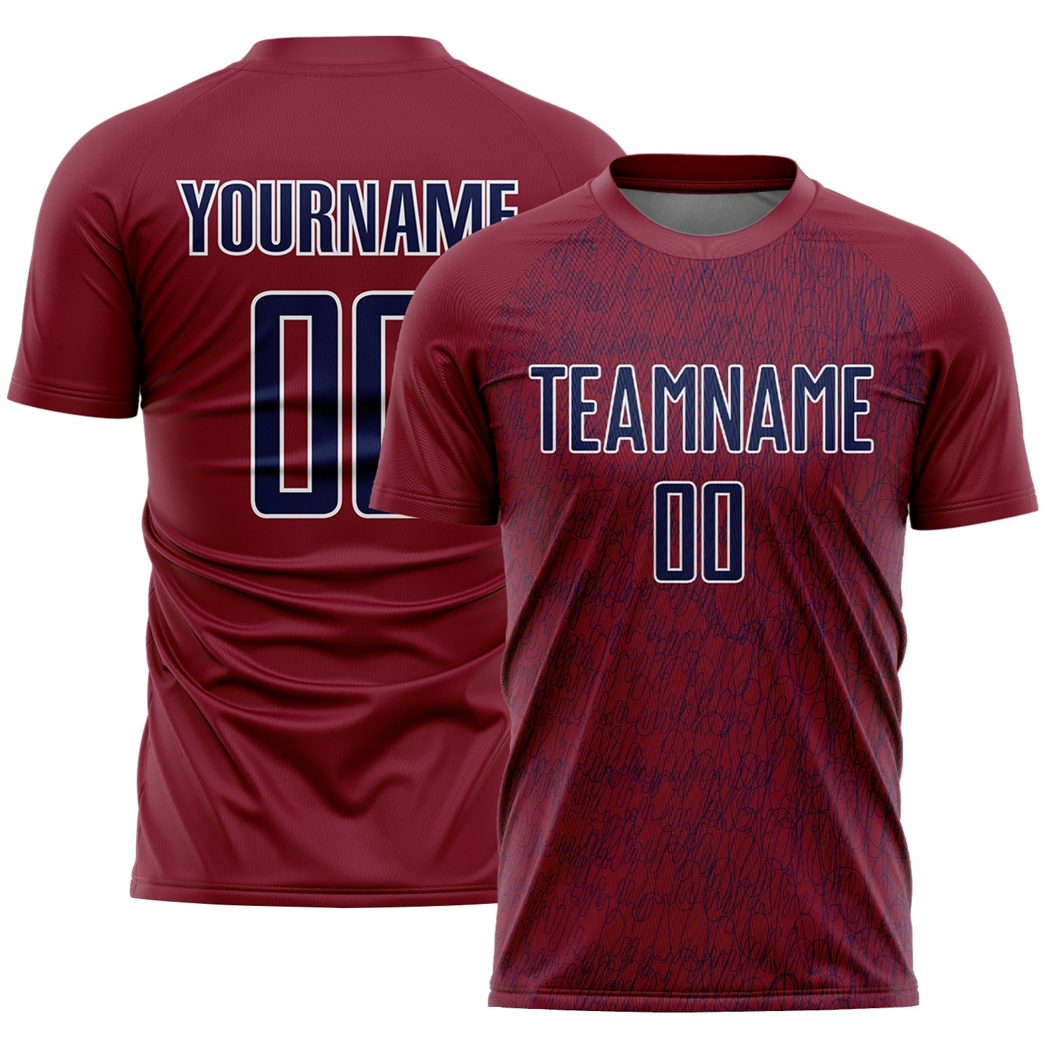 Custom Crimson Navy-White Abstract Scribble Curve Line Pattern Sports Sublimation Soccer Uniform Jersey - Main View