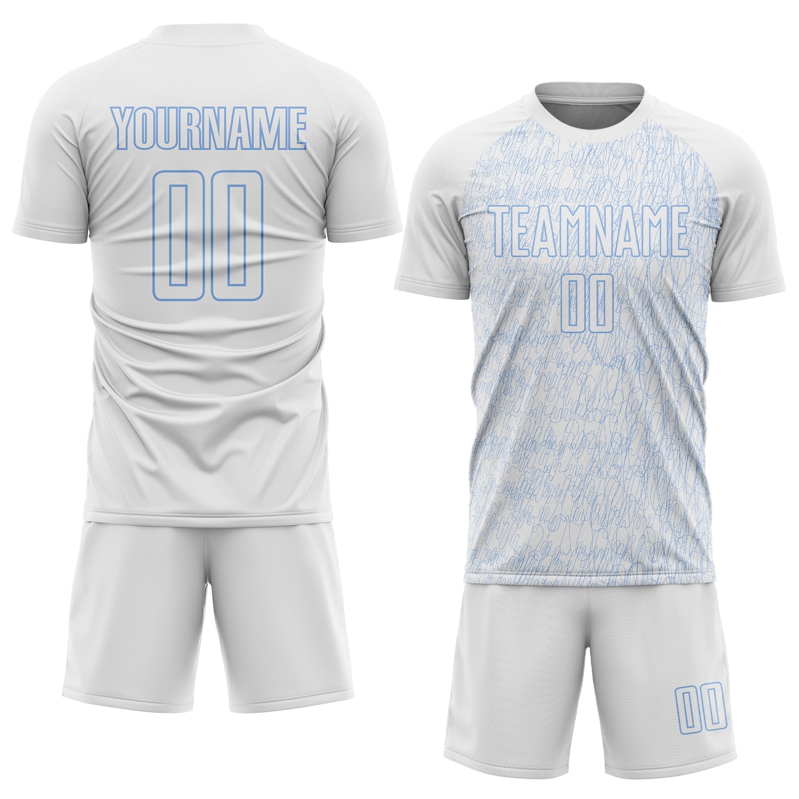 Custom White Light Blue Abstract Scribble Curve Line Pattern Sports Sublimation Soccer Uniform Jersey view 2