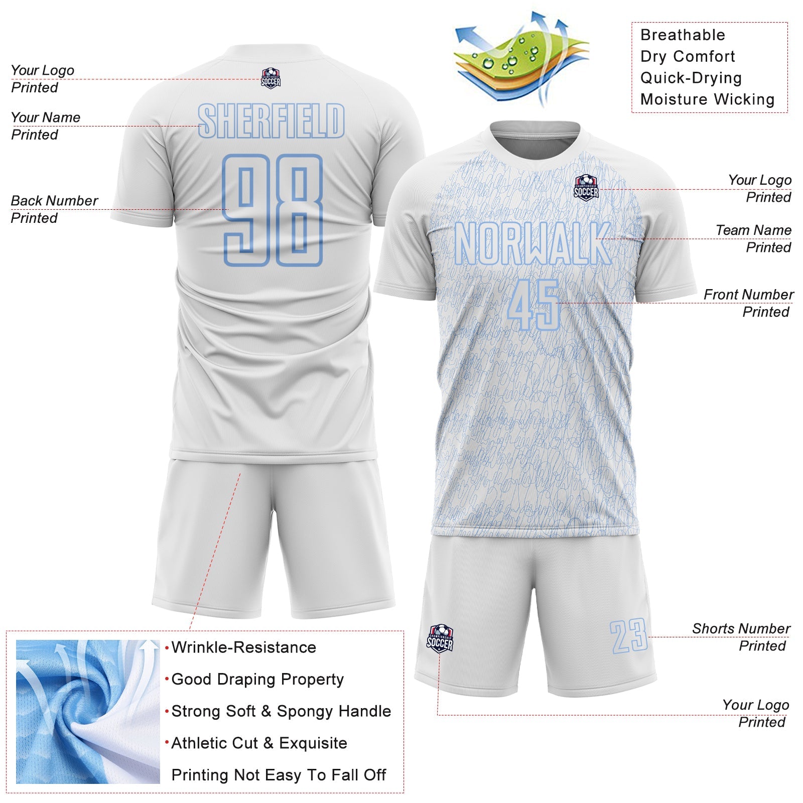 Custom White Light Blue Abstract Scribble Curve Line Pattern Sports Sublimation Soccer Uniform Jersey view 4