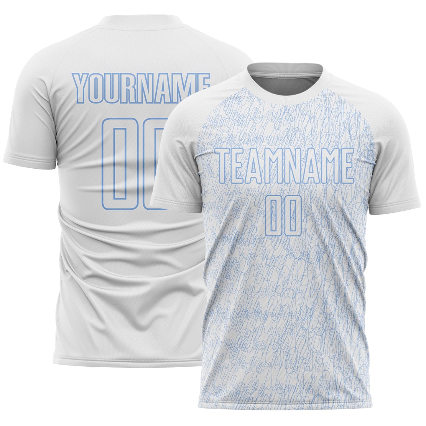Custom White Light Blue Abstract Scribble Curve Line Pattern Sports Sublimation Soccer Uniform Jersey - Main View