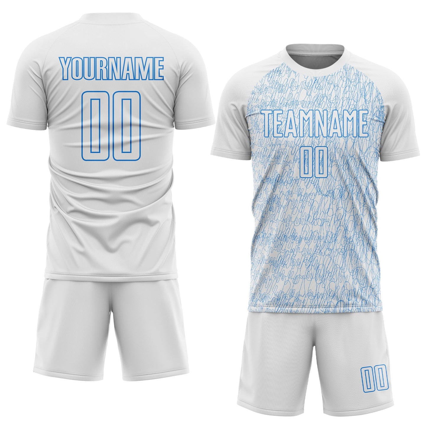Custom White Powder Blue Abstract Scribble Curve Line Pattern Sports Sublimation Soccer Uniform Jersey view 2