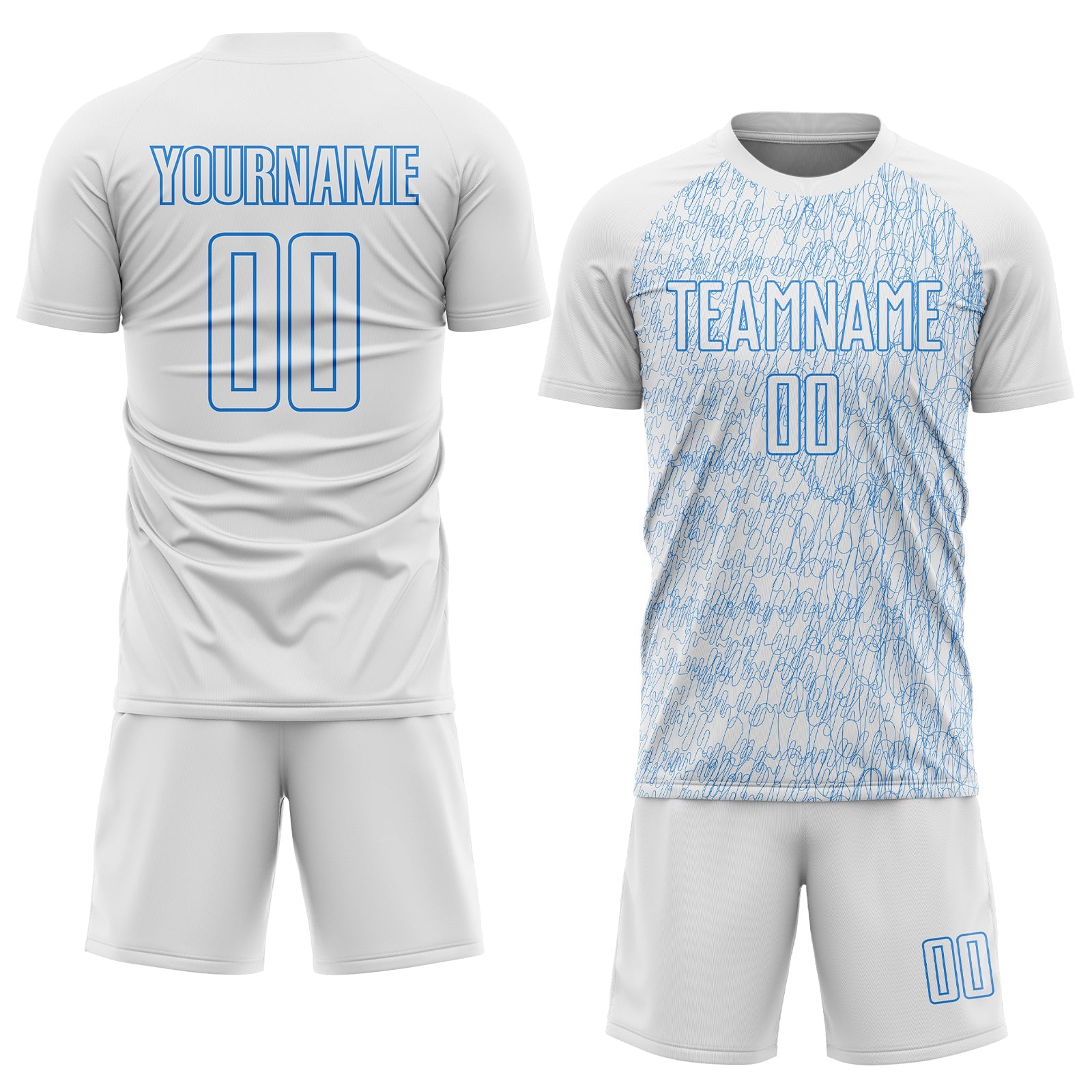 Custom White Powder Blue Abstract Scribble Curve Line Pattern Sports Sublimation Soccer Uniform Jersey view 2