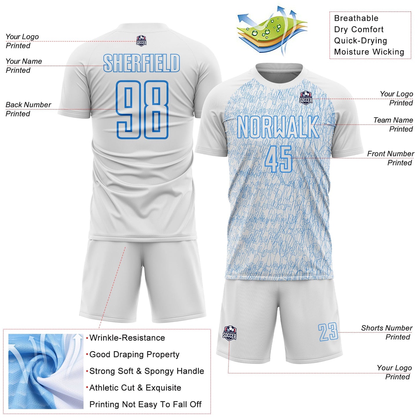 Custom White Powder Blue Abstract Scribble Curve Line Pattern Sports Sublimation Soccer Uniform Jersey view 4