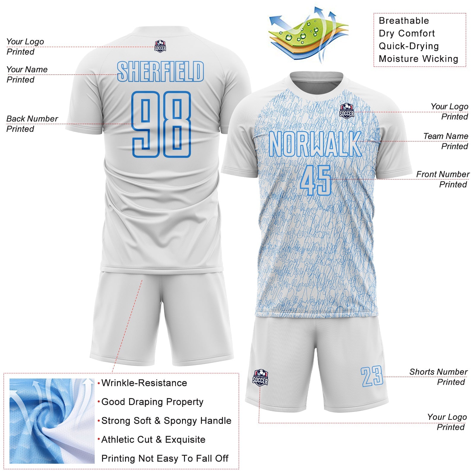 Custom White Powder Blue Abstract Scribble Curve Line Pattern Sports Sublimation Soccer Uniform Jersey view 4