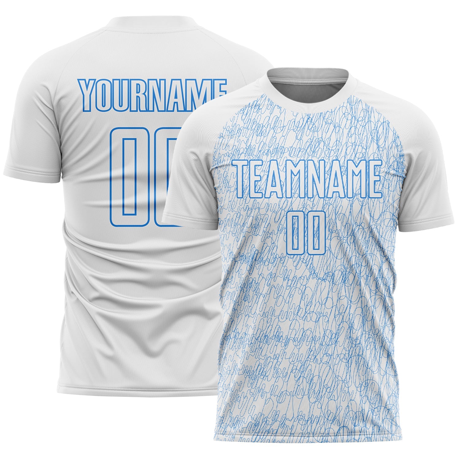 Custom White Powder Blue Abstract Scribble Curve Line Pattern Sports Sublimation Soccer Uniform Jersey - Main View