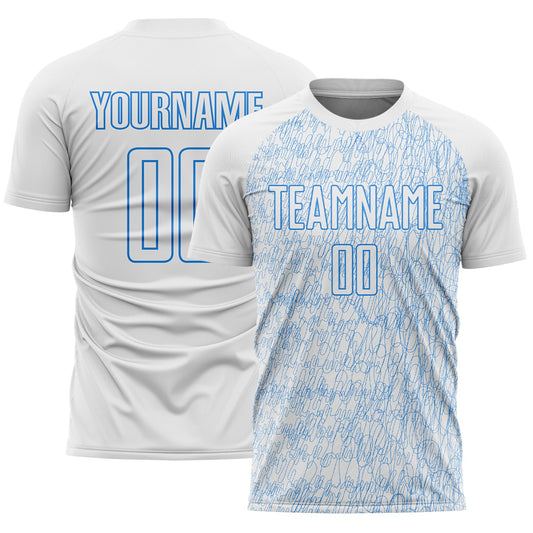 Custom White Powder Blue Abstract Scribble Curve Line Pattern Sports Sublimation Soccer Uniform Jersey - Main View