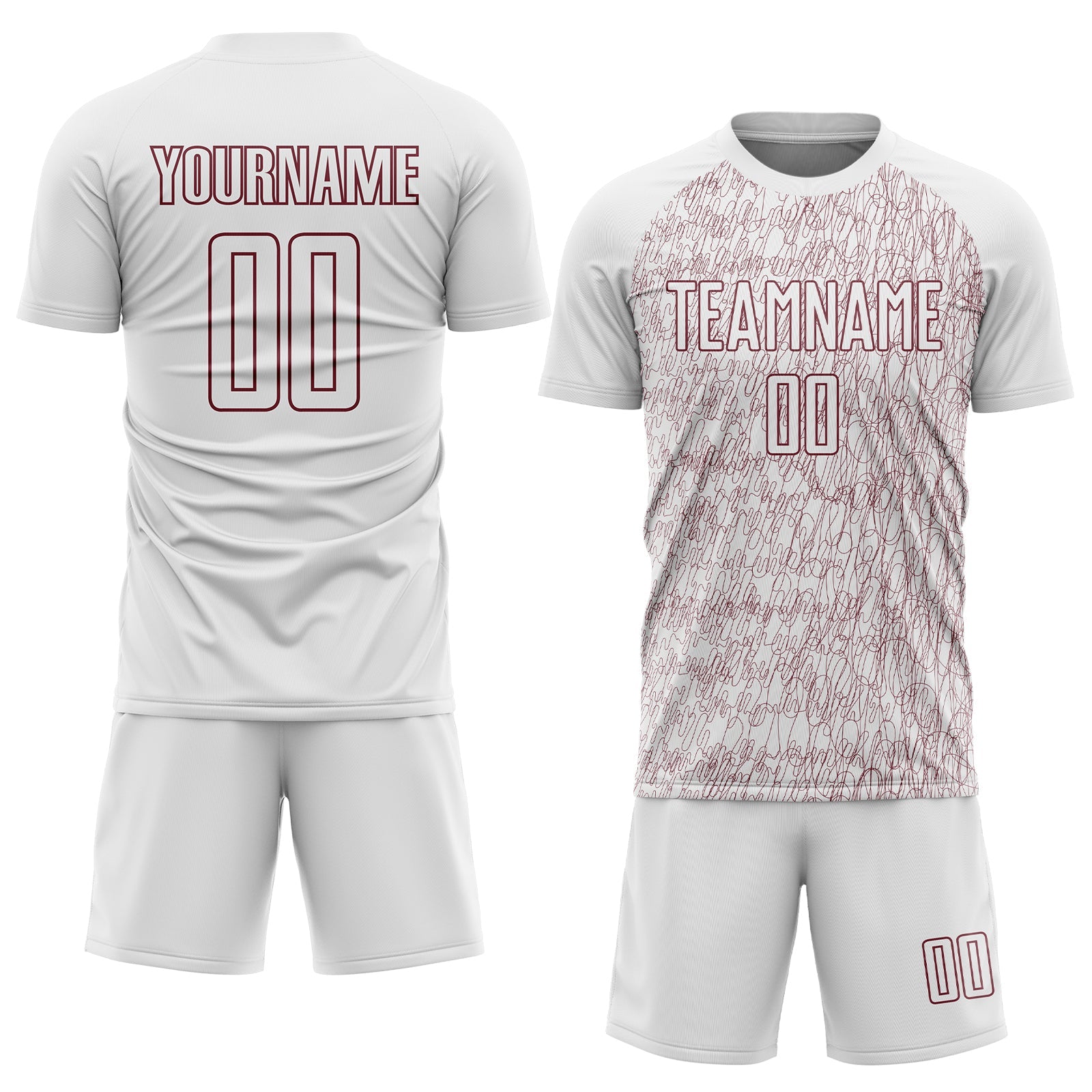 Custom White Burgundy Abstract Scribble Curve Line Pattern Sports Sublimation Soccer Uniform Jersey view 2