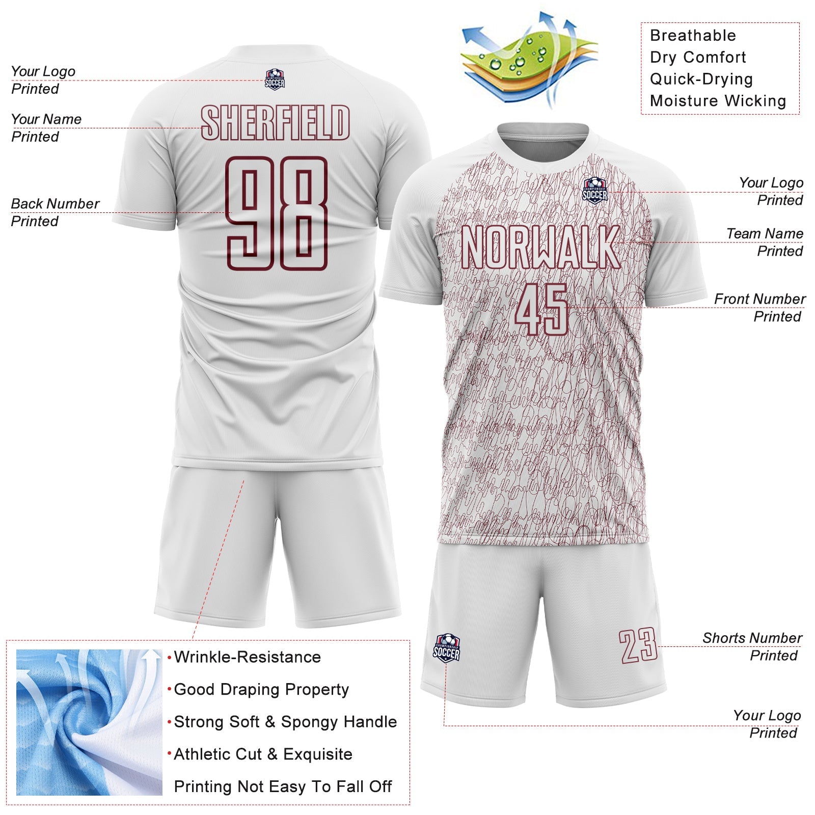 Custom White Burgundy Abstract Scribble Curve Line Pattern Sports Sublimation Soccer Uniform Jersey view 4