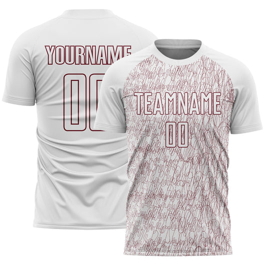 Custom White Burgundy Abstract Scribble Curve Line Pattern Sports Sublimation Soccer Uniform Jersey - Main View