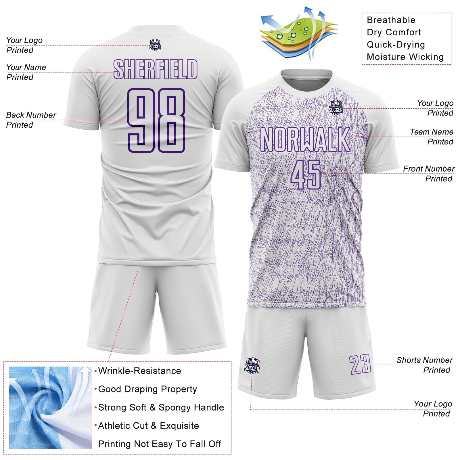 Custom White Purple Abstract Scribble Curve Line Pattern Sports Sublimation Soccer Uniform Jersey view 4