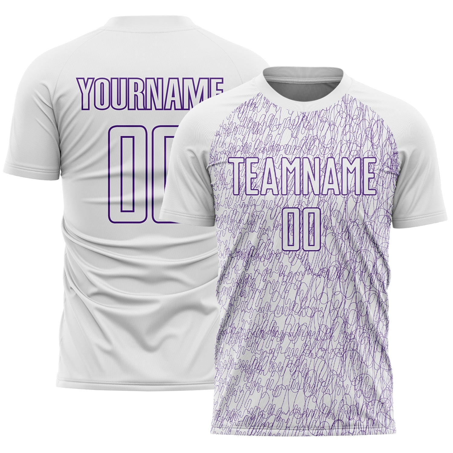 Custom White Purple Abstract Scribble Curve Line Pattern Sports Sublimation Soccer Uniform Jersey - Main View