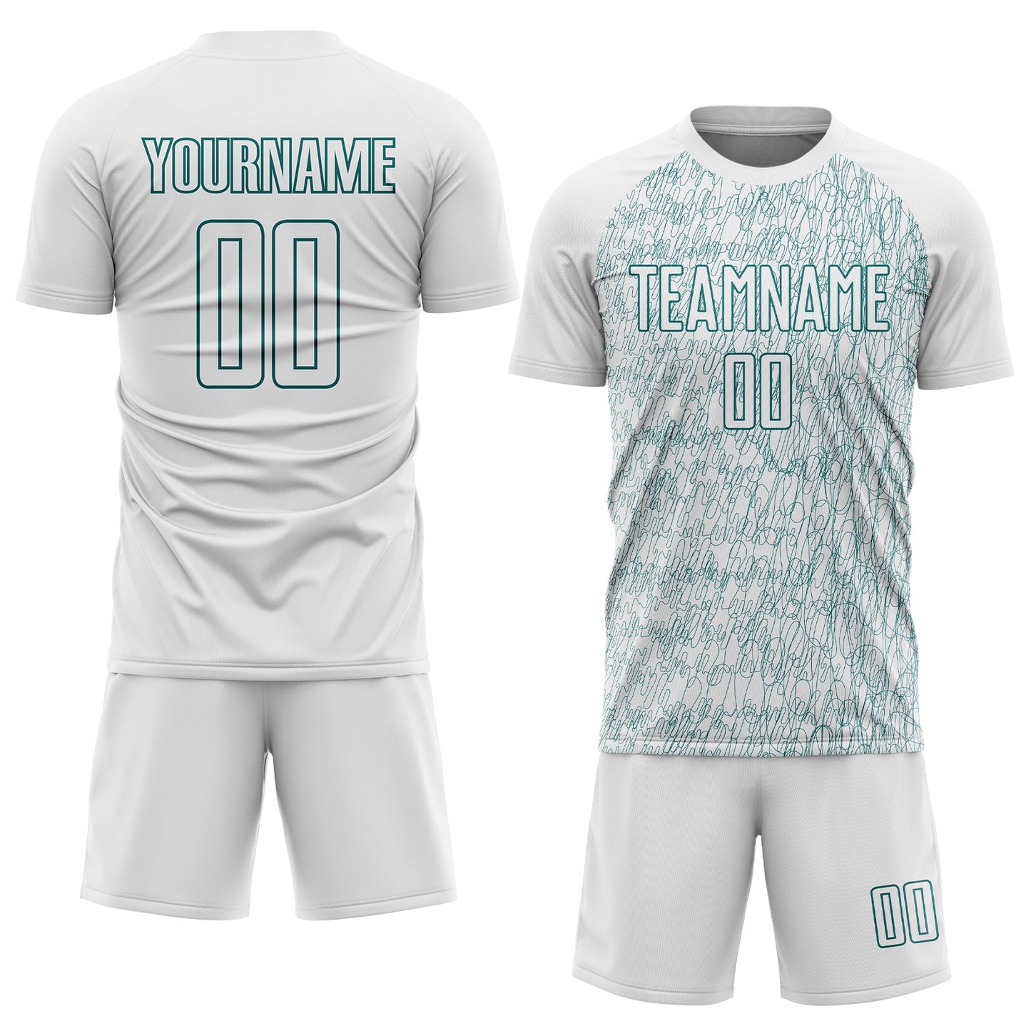 Custom White Teal Abstract Scribble Curve Line Pattern Sports Sublimation Soccer Uniform Jersey view 2