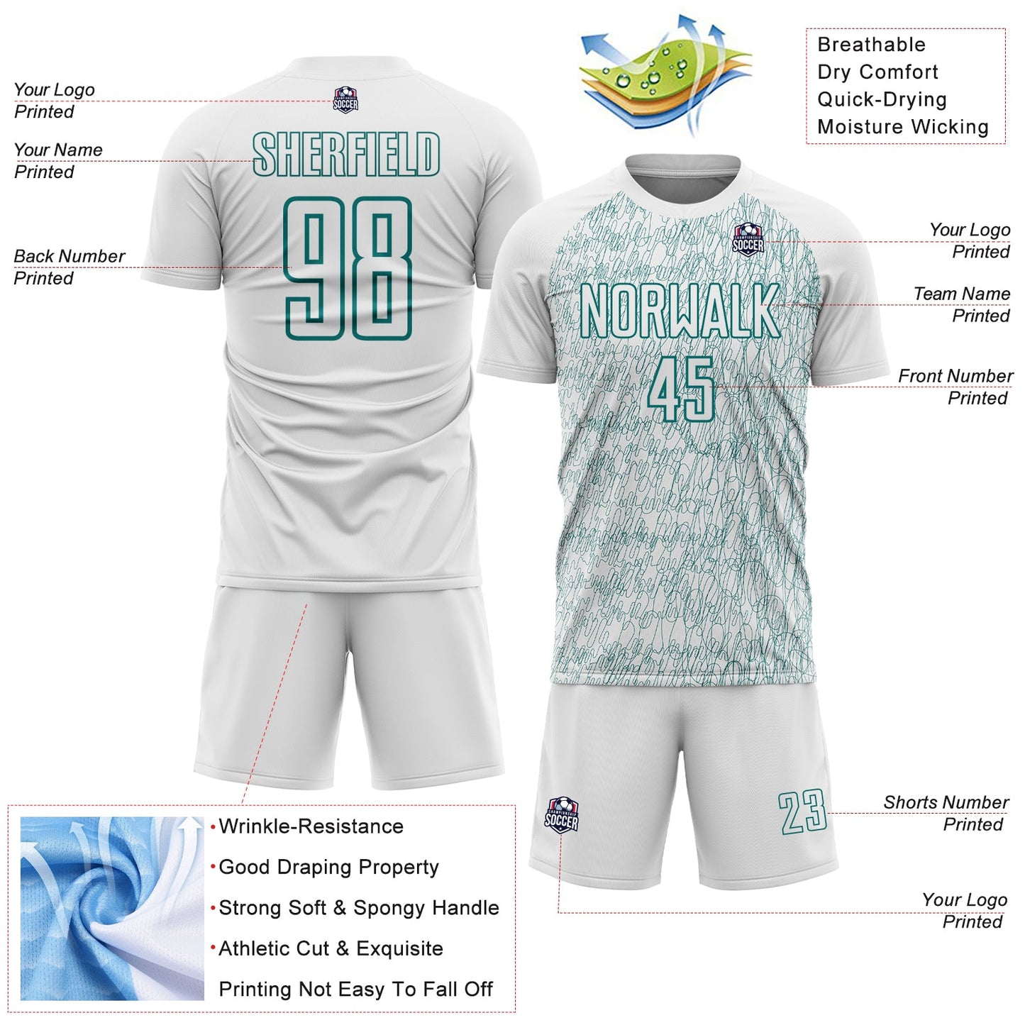 Custom White Teal Abstract Scribble Curve Line Pattern Sports Sublimation Soccer Uniform Jersey view 4