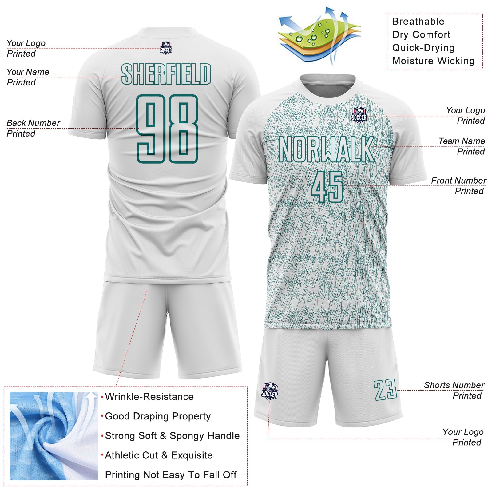 Custom White Teal Abstract Scribble Curve Line Pattern Sports Sublimation Soccer Uniform Jersey view 4