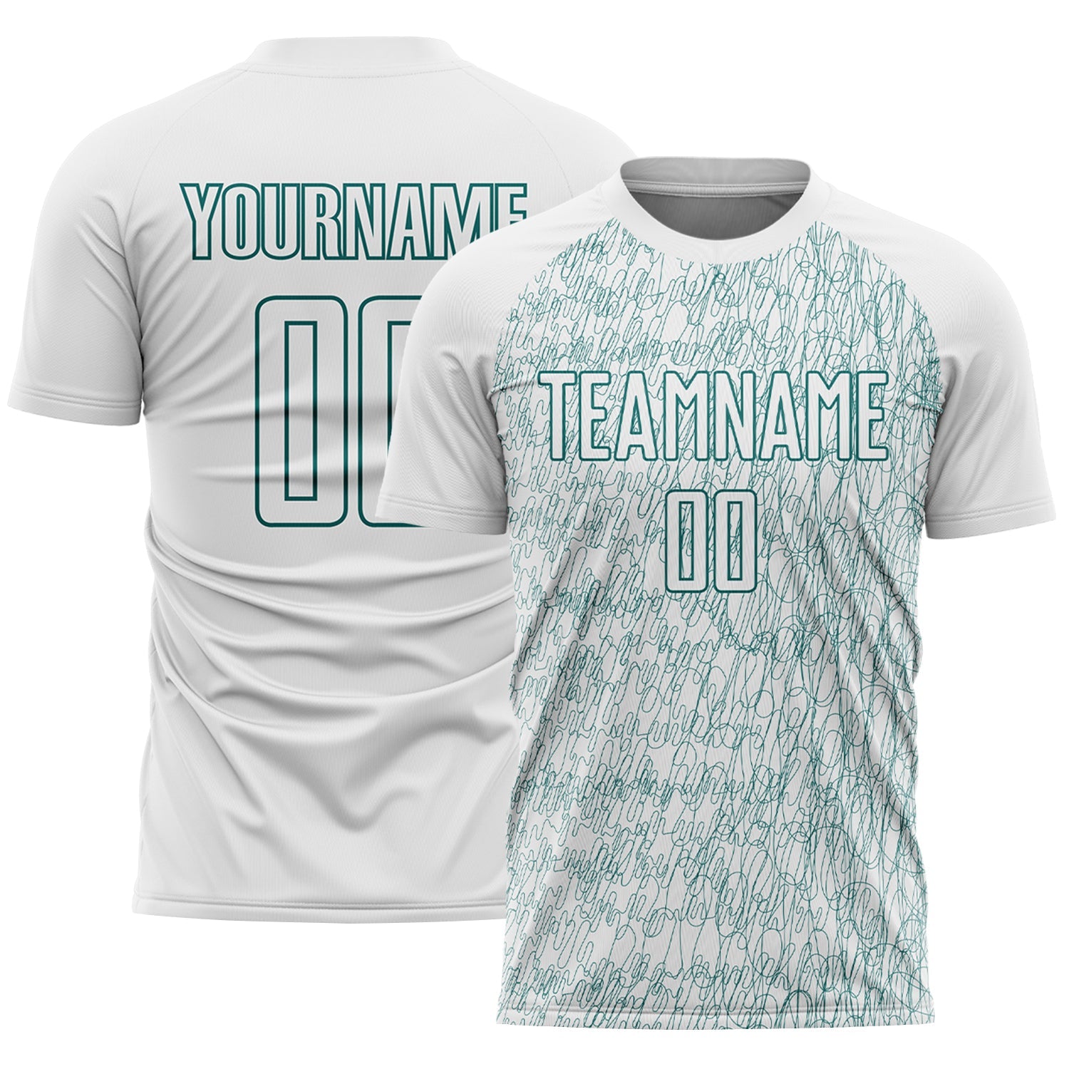 Custom White Teal Abstract Scribble Curve Line Pattern Sports Sublimation Soccer Uniform Jersey - Main View