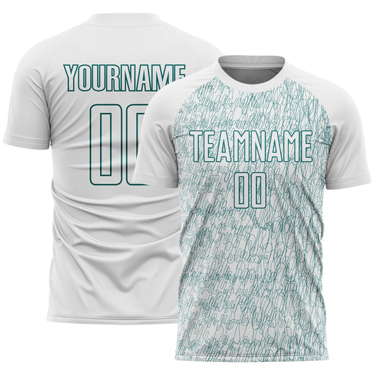 Custom White Teal Abstract Scribble Curve Line Pattern Sports Sublimation Soccer Uniform Jersey - Main View