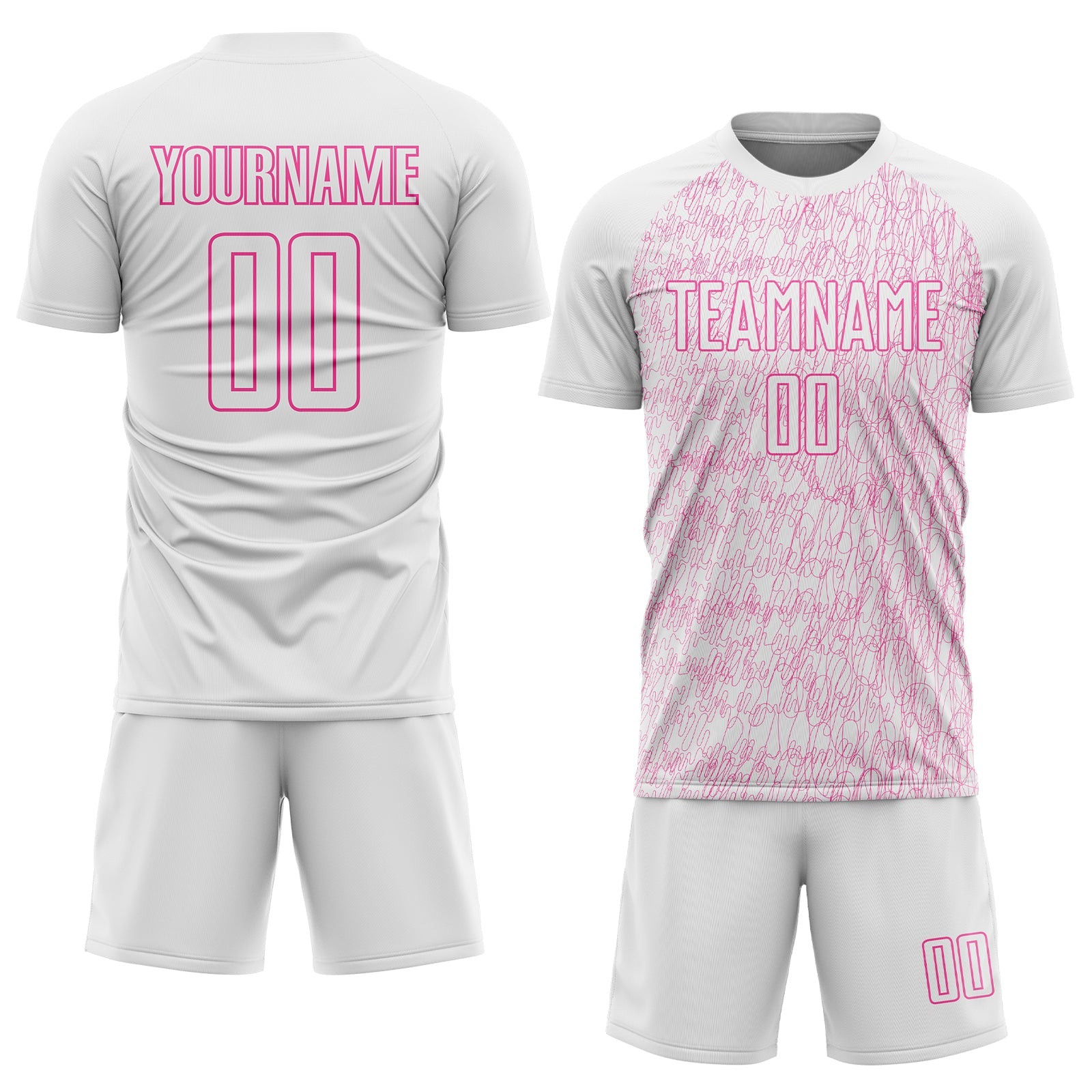 Custom White Pink Abstract Scribble Curve Line Pattern Sports Sublimation Soccer Uniform Jersey view 2