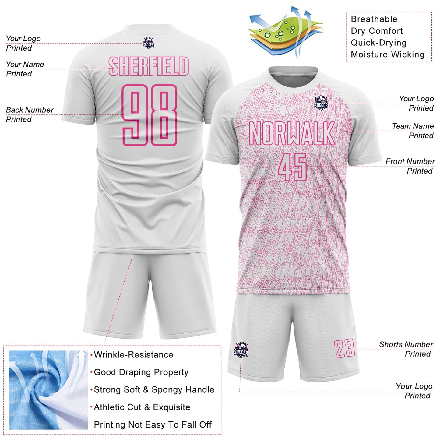 Custom White Pink Abstract Scribble Curve Line Pattern Sports Sublimation Soccer Uniform Jersey view 4