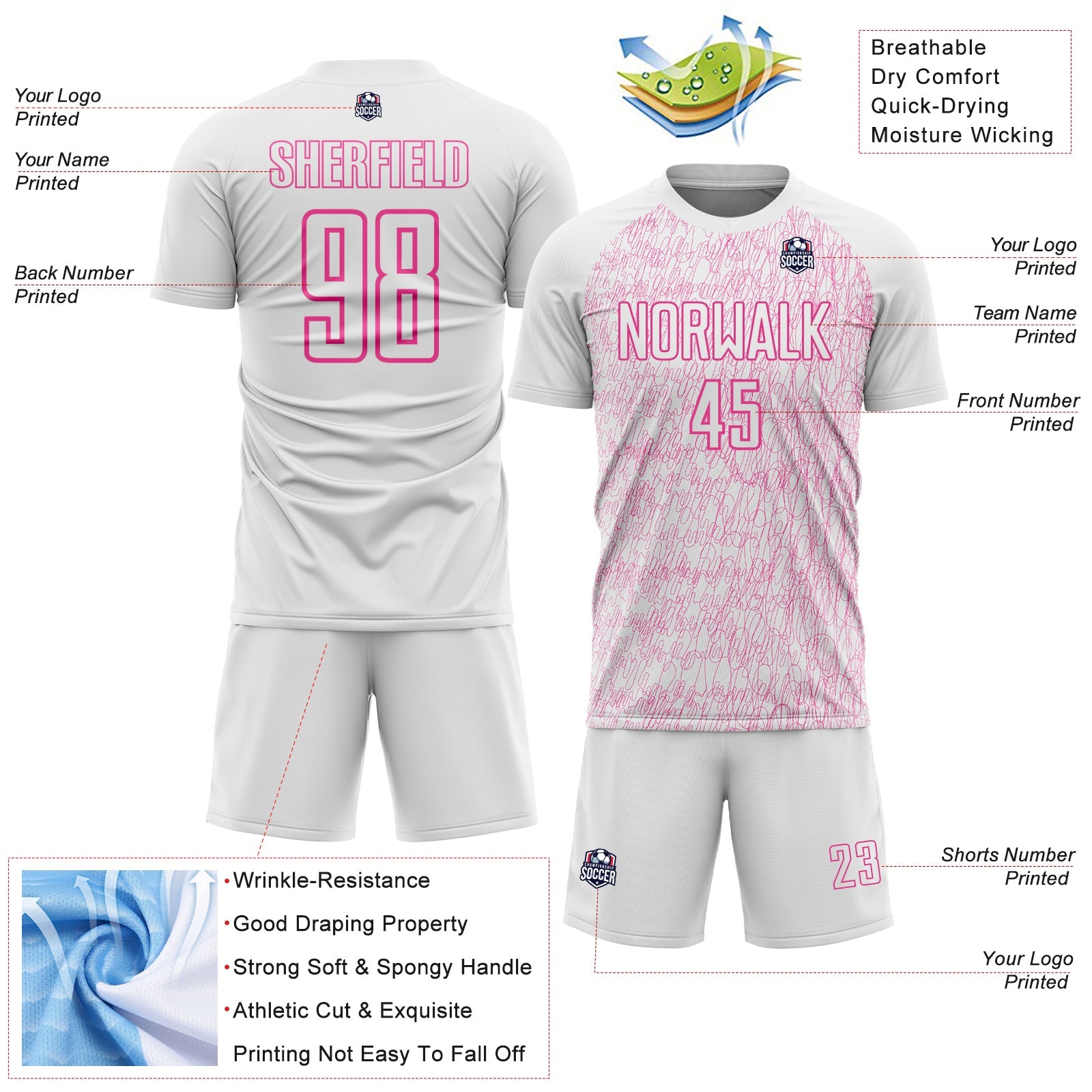 Custom White Pink Abstract Scribble Curve Line Pattern Sports Sublimation Soccer Uniform Jersey view 4