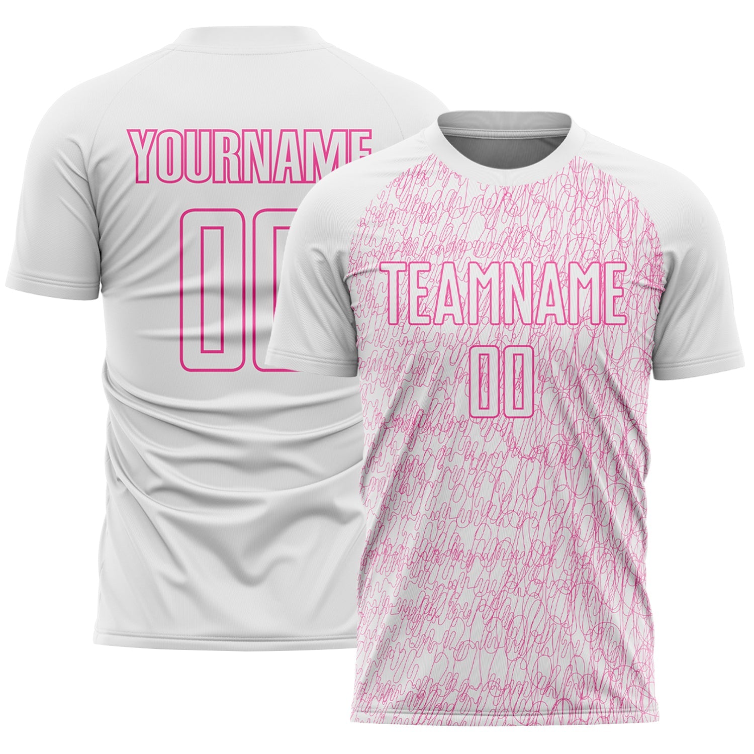 Custom White Pink Abstract Scribble Curve Line Pattern Sports Sublimation Soccer Uniform Jersey - Main View
