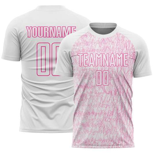 Custom White Pink Abstract Scribble Curve Line Pattern Sports Sublimation Soccer Uniform Jersey - Main View