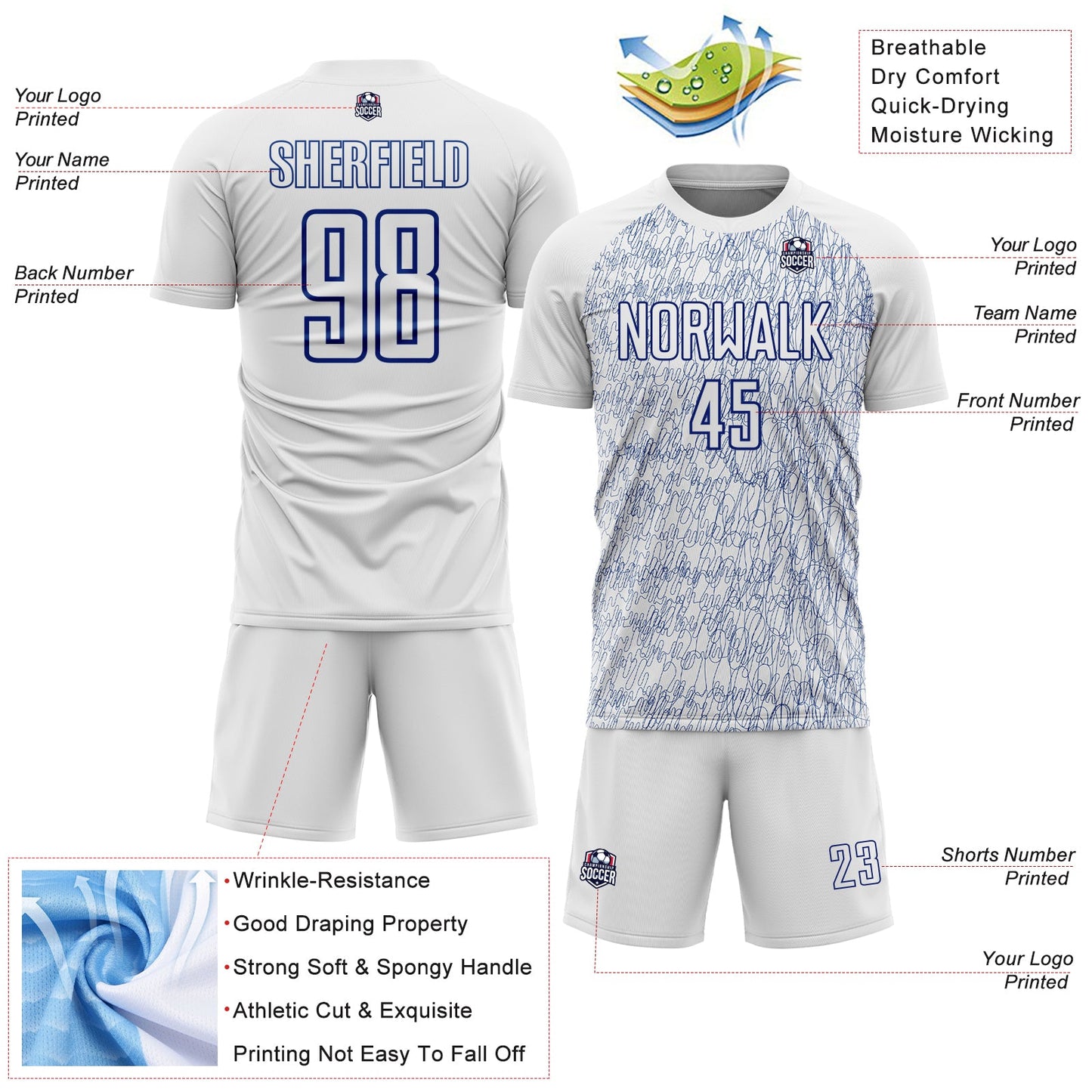 Custom White Royal Abstract Scribble Curve Line Pattern Sports Sublimation Soccer Uniform Jersey view 4
