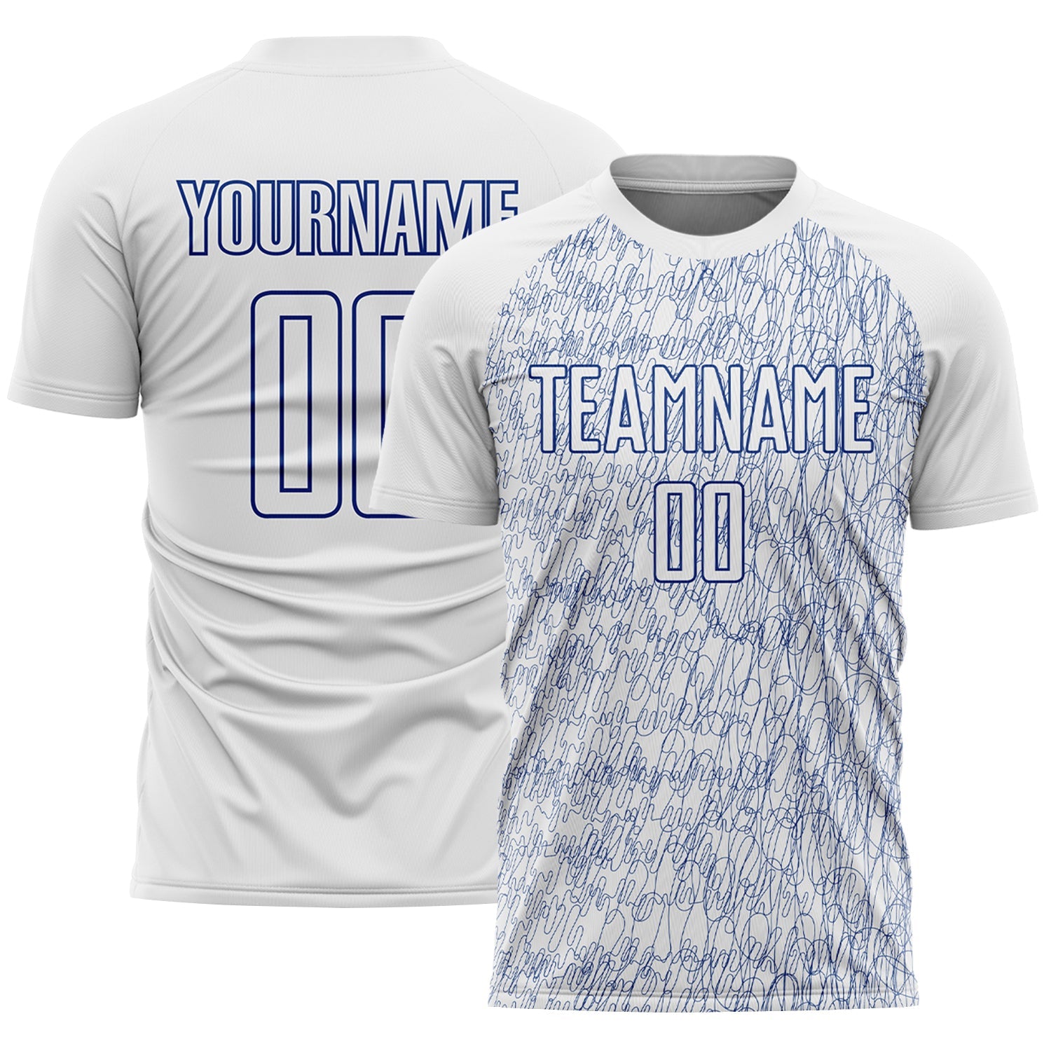 Custom White Royal Abstract Scribble Curve Line Pattern Sports Sublimation Soccer Uniform Jersey - Main View