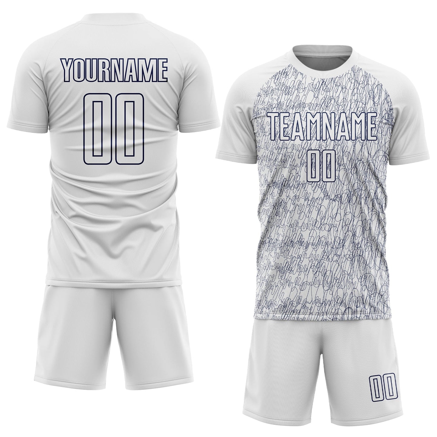 Custom White Navy Abstract Scribble Curve Line Pattern Sports Sublimation Soccer Uniform Jersey view 2