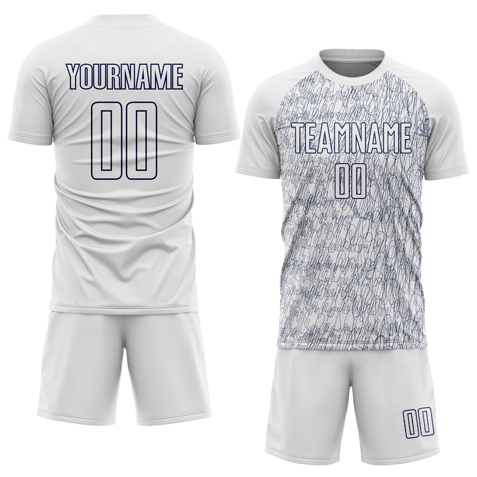 Custom White Navy Abstract Scribble Curve Line Pattern Sports Sublimation Soccer Uniform Jersey view 2