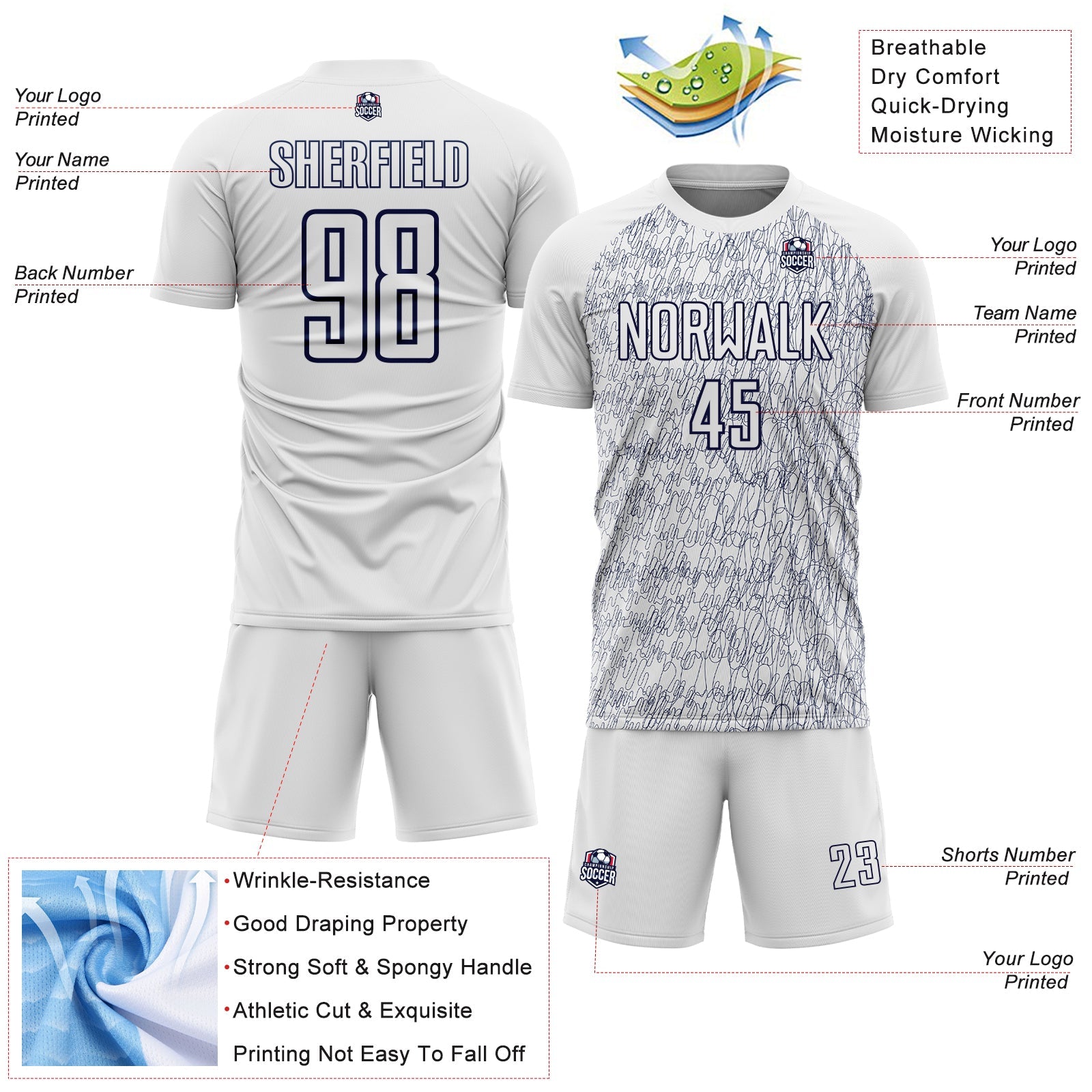 Custom White Navy Abstract Scribble Curve Line Pattern Sports Sublimation Soccer Uniform Jersey view 4