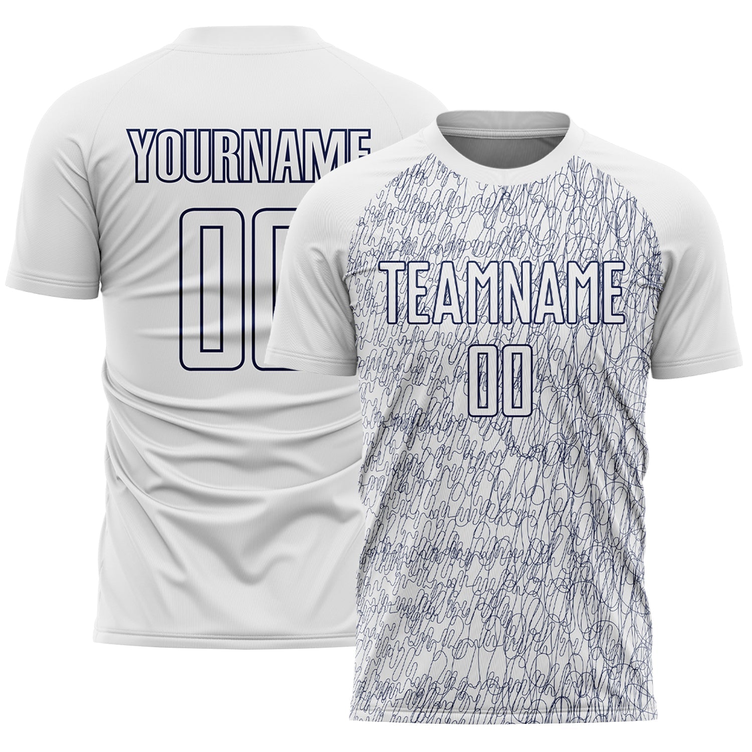 Custom White Navy Abstract Scribble Curve Line Pattern Sports Sublimation Soccer Uniform Jersey - Main View