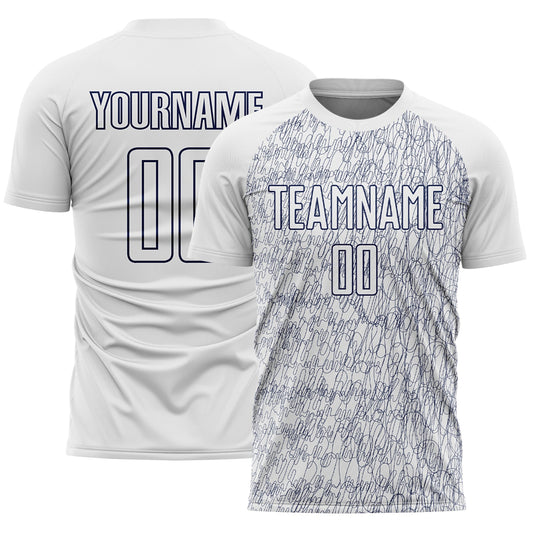 Custom White Navy Abstract Scribble Curve Line Pattern Sports Sublimation Soccer Uniform Jersey - Main View