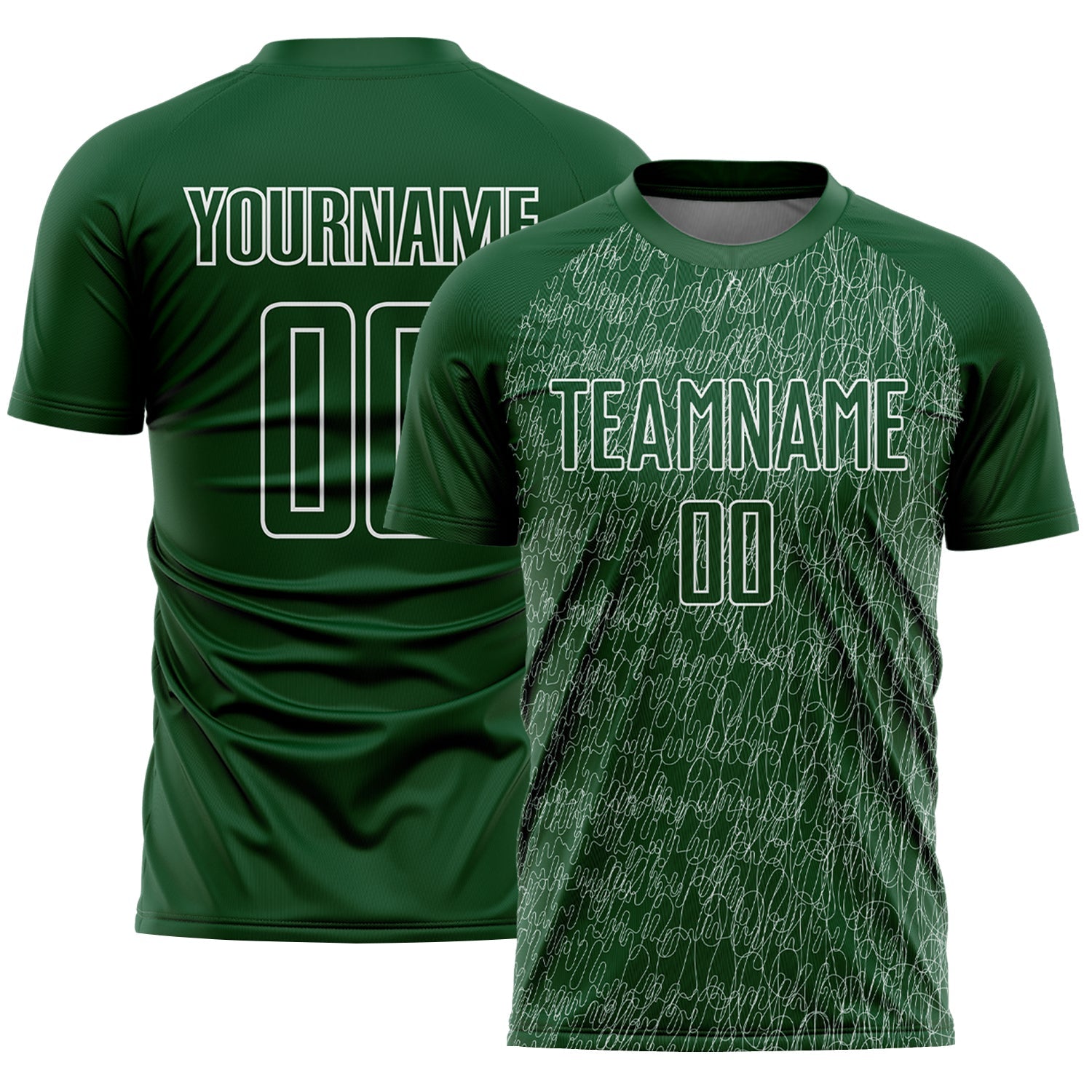 Custom Green White Abstract Scribble Curve Line Pattern Sports Sublimation Soccer Uniform Jersey - Main View