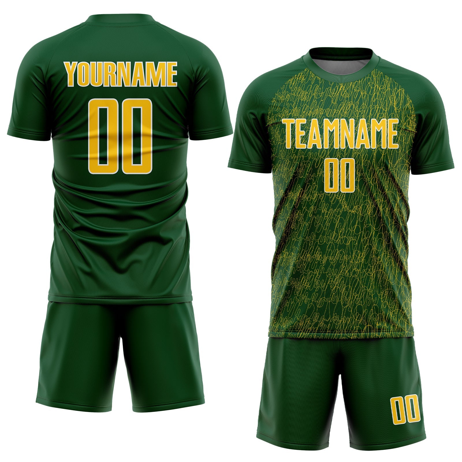 Custom Green Yellow-White Abstract Scribble Curve Line Pattern Sports Sublimation Soccer Uniform Jersey view 2
