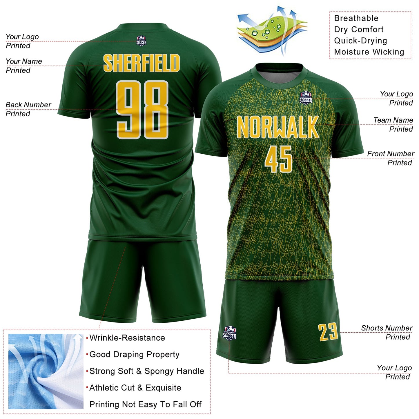 Custom Green Yellow-White Abstract Scribble Curve Line Pattern Sports Sublimation Soccer Uniform Jersey view 4